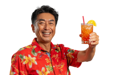Happy asian middle age male tourist in a red shirt toasting with a cocktail white background 