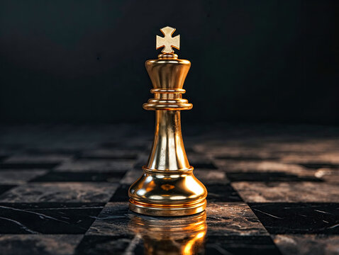 Shiny gold king chess piece stands isolated in the middle of a fancy chess board. 