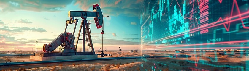 Giant oil pump jack rises from a vast desert landscape, pipelines snake into the distance, economic graphs trend upwards on a holographic display, symbolic, high angle