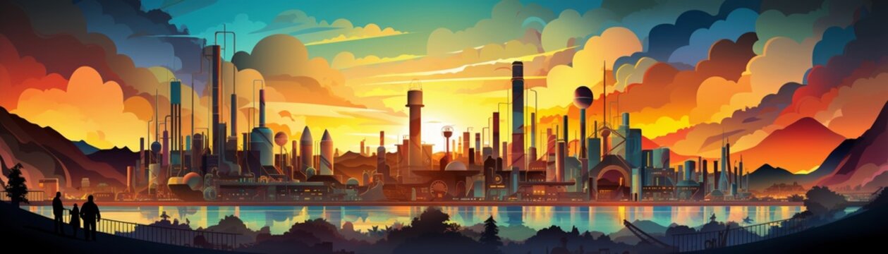 Vibrant industrial landscape, smokestacks belch colorful cadmium fumes, workers with obscured faces toil below, sickly sun struggles to penetrate, cautionary, wide shot