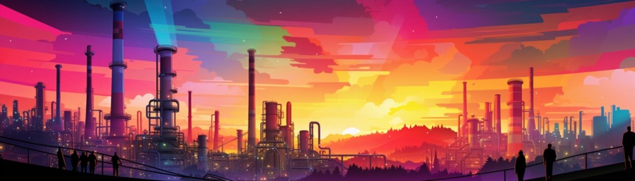Vibrant industrial landscape, smokestacks belch colorful cadmium fumes, workers with obscured faces toil below, sickly sun struggles to penetrate, cautionary, wide shot, dystopian art style