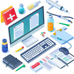 Medical office doctor desk with computer top view. Health document, keyboard, syringe and patient record paper on table background. Laboratory workplace banner with academic stuff for disease research