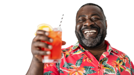 Happy black mature male tourist in a red shirt toasting with a cocktail white background