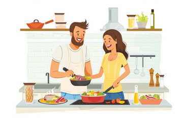 Man and woman cooking in kitchen. Vector cartoon illustration of male and female characters learning to make fresh vegetable salad and delicious beef steak, healthy meal for dinner at home, hobby blog