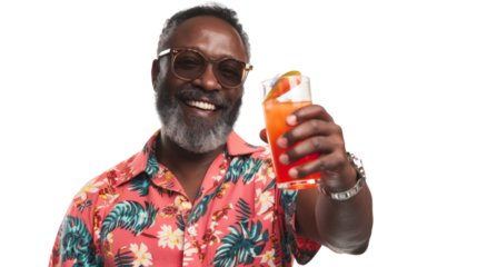 Happy black middle age male tourist in a red shirt toasting with a cocktail white background