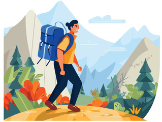 Fototapeta premium Young male hiker trekking mountainous area vibrant nature scene. Man large backpack hiking solo, athletic build, enjoying outdoor adventure. Casual outdoor wear, exploring wilderness, blue sky