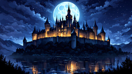 castle at night and moonlight,beautiful and shining old castle,setting,building,beautiful,Generative AI