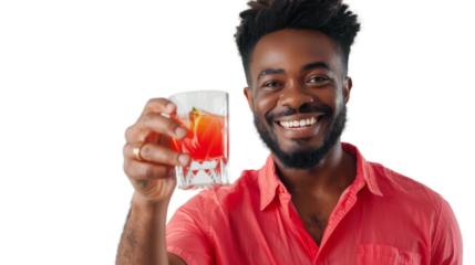 Happy black young male tourist in a red shirt toasting with a cocktail white background