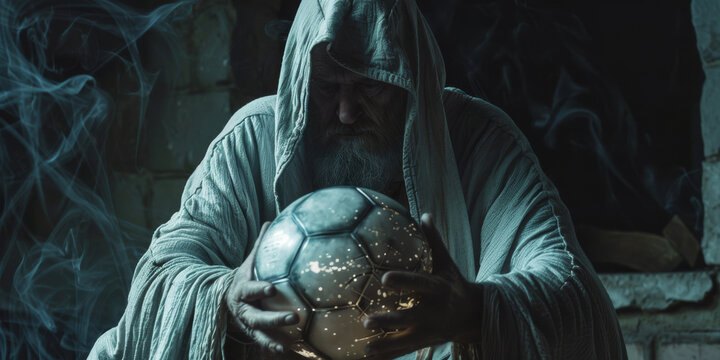The predictor sits attentively, analyzing the football ball with keen interest. He hoping to foresee the outcome of the game