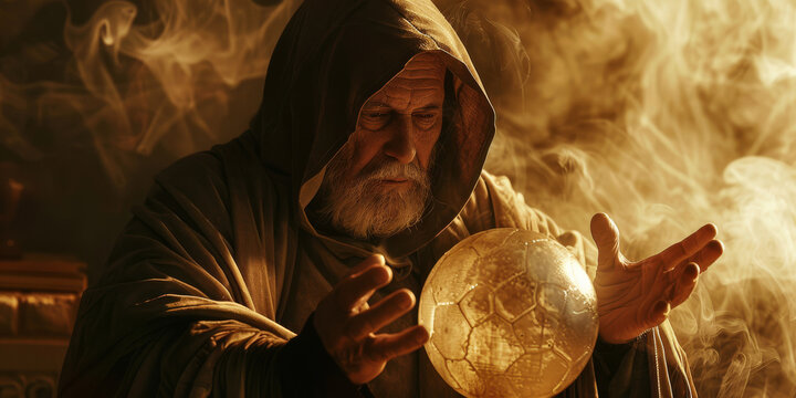The predictor sits attentively, analyzing the football ball with keen interest. He hoping to foresee the outcome of the game