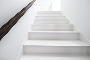 Obraz premium Pure white stairs with a contrasting dark wooden handrail, minimalistic and clean.
