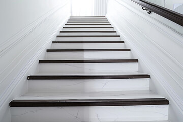 Pure white stairs with a contrasting dark wooden handrail, minimalistic and clean.