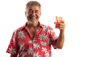 Happy caucasian mature male tourist in a red shirt toasting with a cocktail white background