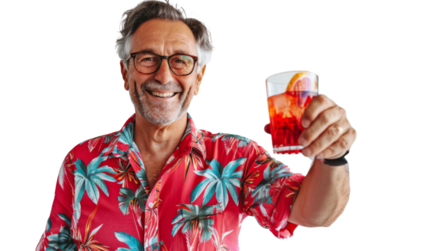 Happy caucasian mature male tourist in a red shirt toasting with a cocktail white background