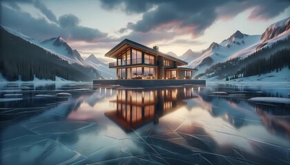 Fototapeta premium Summit Serenity: The Modern Log Cabin Escape