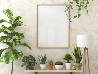 Rectangle picture frame above potted plants on table