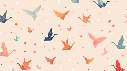 Origami Cranes Dance. Colorful origami cranes gracefully across a pale pink background, symbolizing hope, longevity, and good fortune.