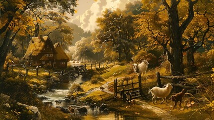Quaint Countryside Scenes with Contented Goats. Generative Ai
