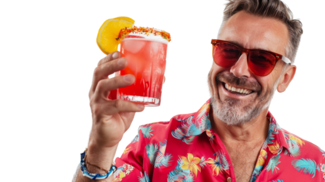 Happy caucasian middle age male tourist in a red shirt toasting with a cocktail white background