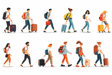 People with suitcase travel by airplane or train. Cartoon vector illustration set of young man and woman carrying luggage. Vacation or business male and female travel passenger with baggage bag. vecto
