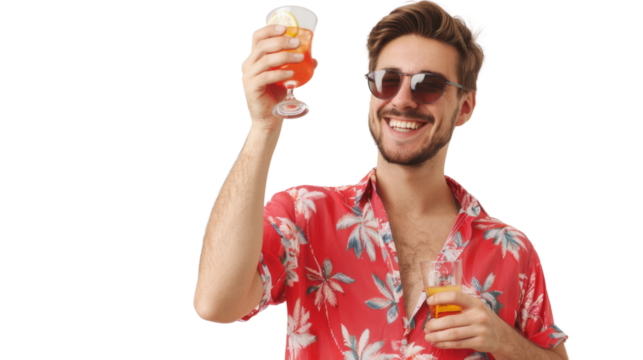 Happy caucasian young male tourist in a red shirt toasting with a cocktail white background - Powered by Adobe