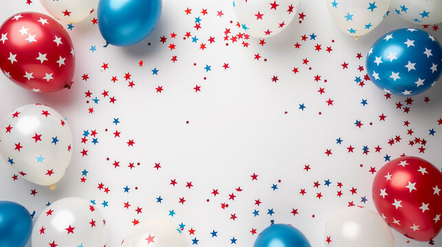 Flatlay of Red Blue white party balloons stars stripes streamers on white table top view product mockup events 4th of July America USA pride patriotic parties celebration blank copy space banner flat 