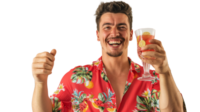 Happy caucasian young male tourist in a red shirt toasting with a cocktail white background