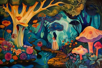 Enchanting Fantastical Surreal Pop Art Landscape with Awestruck Whimsical Beings and Vibrant Mushrooms
