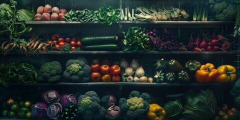 various vegetables are on a shelf, in the style of light black and emerald, commercial imagery