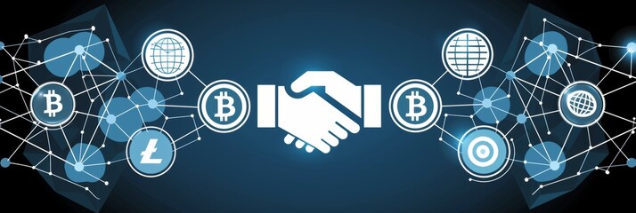 Glowing avatars digitally handshake over cryptocurrency symbol network in futuristic banner