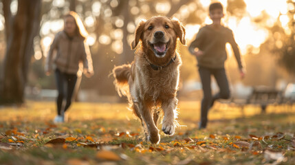Golden retriever playing fetch with family in autumn park