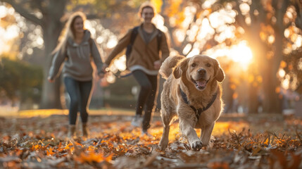 Golden retriever enjoying a sunny autumn day in the park with family