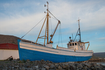 Old oak fishing boat Jon Juli on the coast of Talknafjordur in the Icelandic westfjords