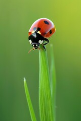 Obraz premium Close up shot of a vibrant ladybug perched on a lush, vivid green leaf in nature