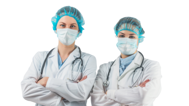  Surgeons team, uniform, arms crossed, isolated on white background