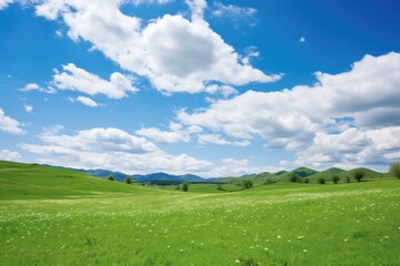 Scenic green meadow with mountains and clouds