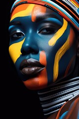 Vibrant face art with bold colors and patterns