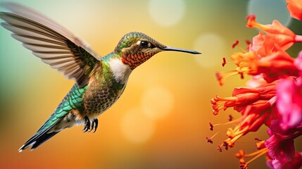 Vibrant hummingbird hovering near colorful flowers