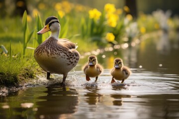 mother duck and ducklings in pond - obrazy, fototapety, plakaty