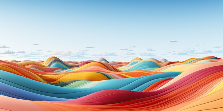 Colorful abstract landscape with rolling hills and clouds