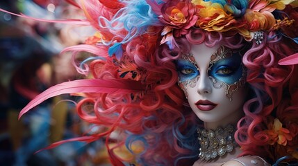 Vibrant fantasy portrait of a woman with elaborate makeup and colorful hair
