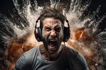 Intense gamer with headphones screaming