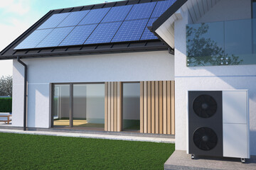 Heat pump next to the house and solar panels on the roof. The concept of an energy-efficient home. 3D illustration