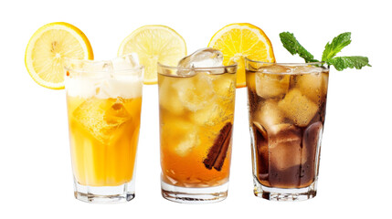 Summer cocktails, lemonade and iced coffee on a white png background , transparent 