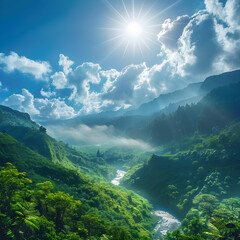 Majestic Landscape: Sunlit Verdant Valley with Hikers Enjoying the Scenery - obrazy, fototapety, plakaty