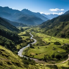 Naklejka premium Breathtaking mountain valley landscape with winding river