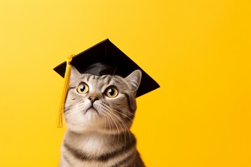 Cat in graduation cap on yellow background with copy space