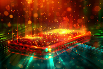 Mobile phone on abstract glowing, sparkling and colorful background with flying bokeh and shiny rays.