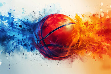 Basketball ball in center, surrounded by colorful abstract explosion of red, orange, and blue hues on white background.