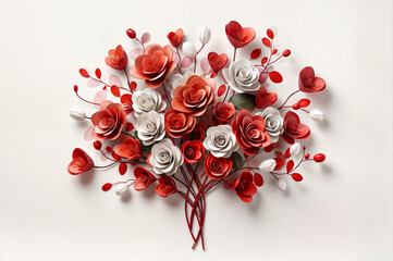 Bouquet of paper flowers, including red and white roses on white background.
